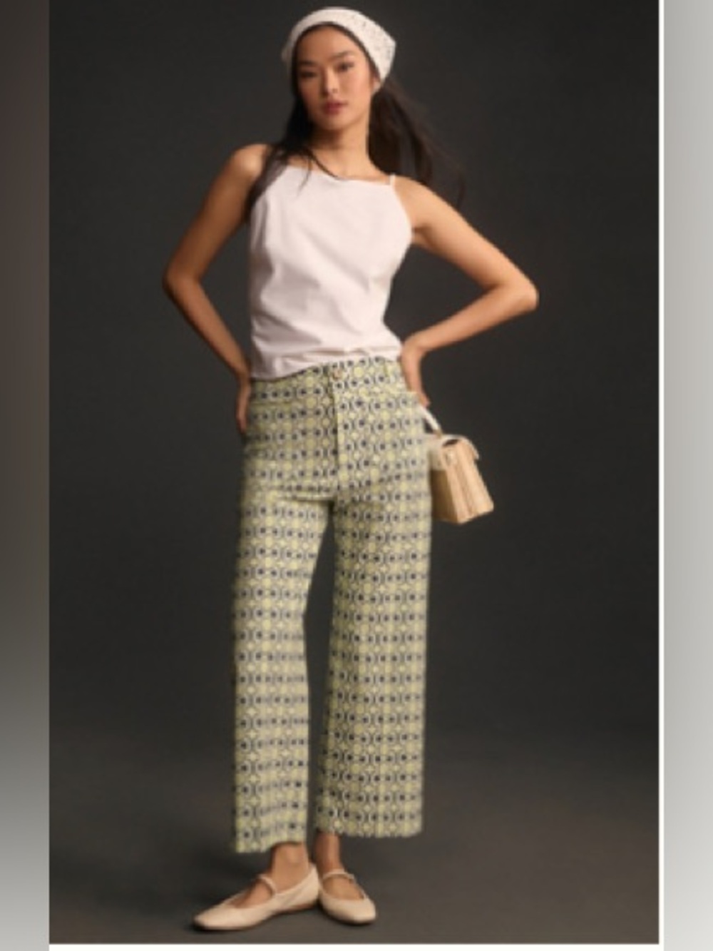 NWT Anthropologie x Maeve Collette Wide Leg Cropped Pant. Navy, White, Green. 26
